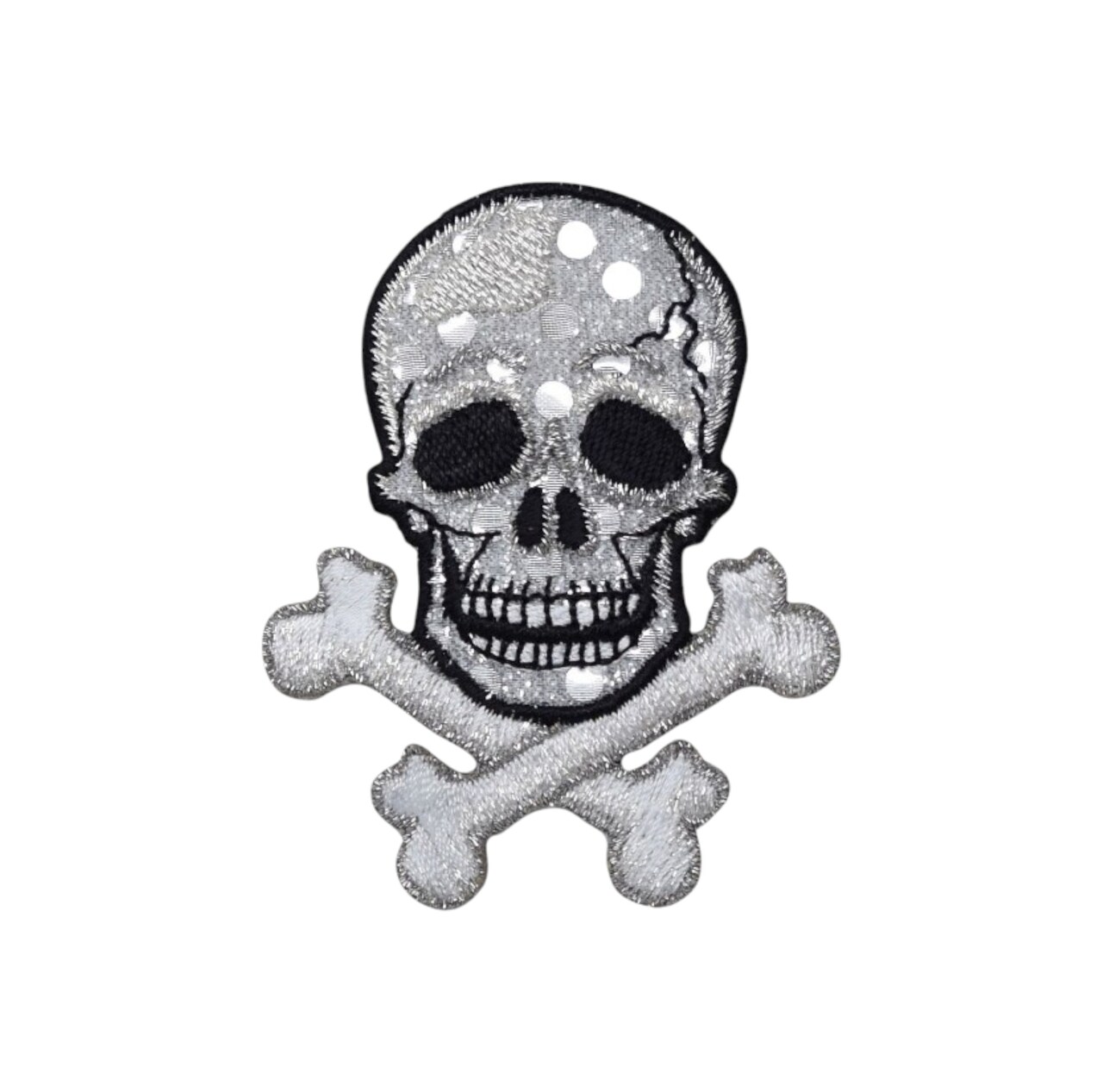 Silver Shimmery Skull, Crossbones, Embroidered, Iron on Patch